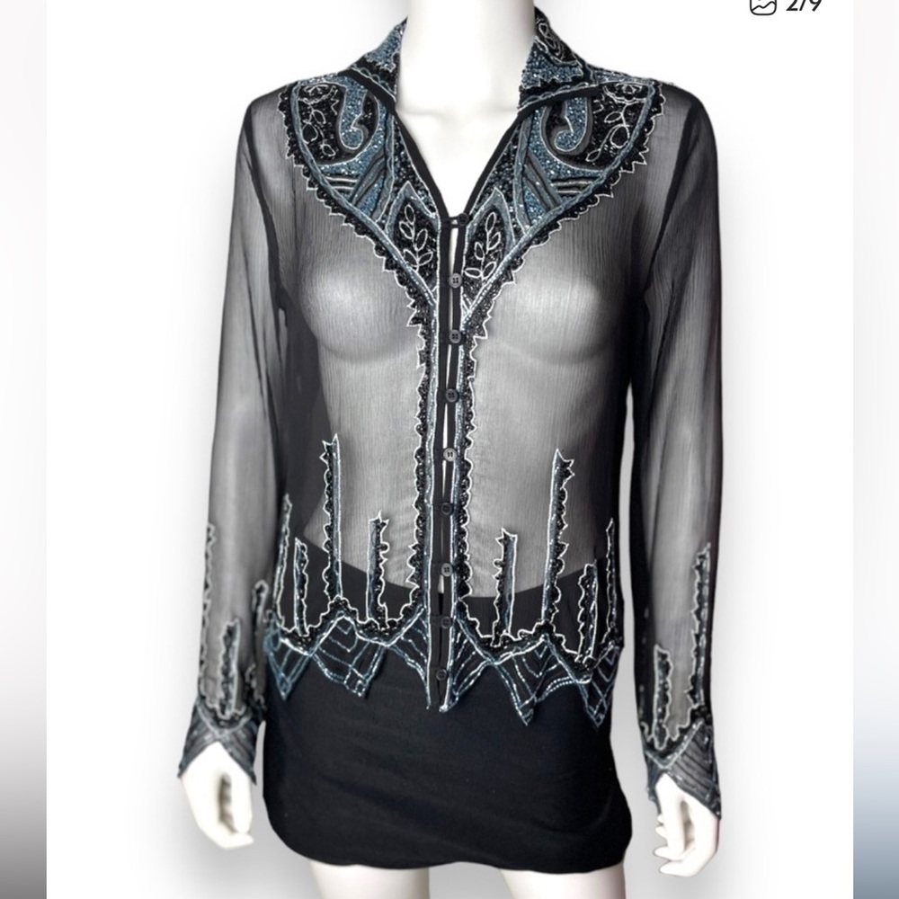 Vintage For Joseph Sheer Embellished Silk Top Sz S